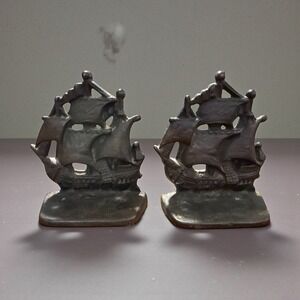 Vintage Cast Iron Sailing Ship Metal Bookends Nautical History